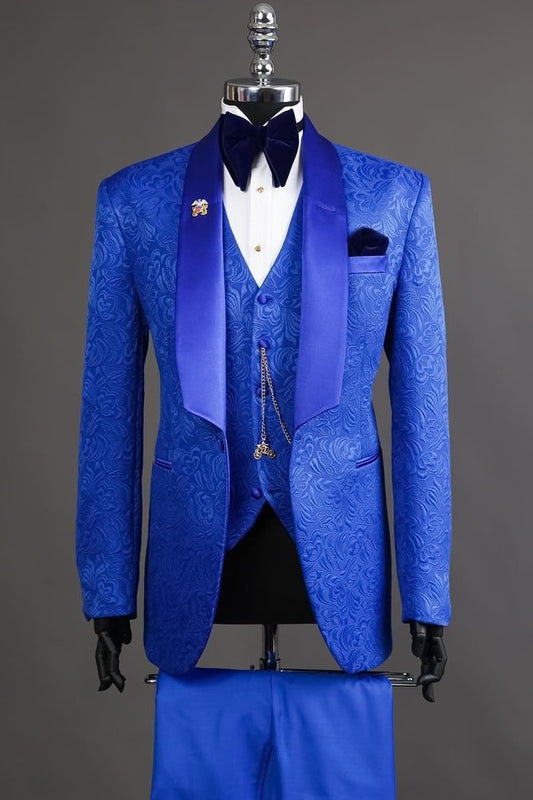 3 Piece Royal Blue Jacquard Blade-like Lapel Prom Suit Wedding Tuxedo