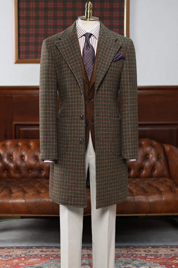 Thickened Single Breasted Retro Plaid Brown Wool Overcoat for Winter