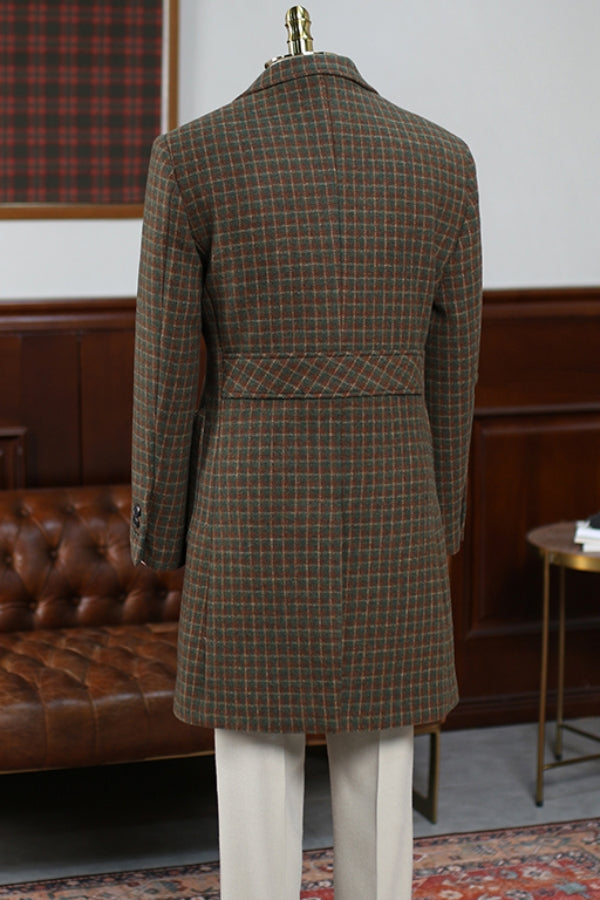Thickened Single Breasted Retro Plaid Brown Wool Overcoat for Winter