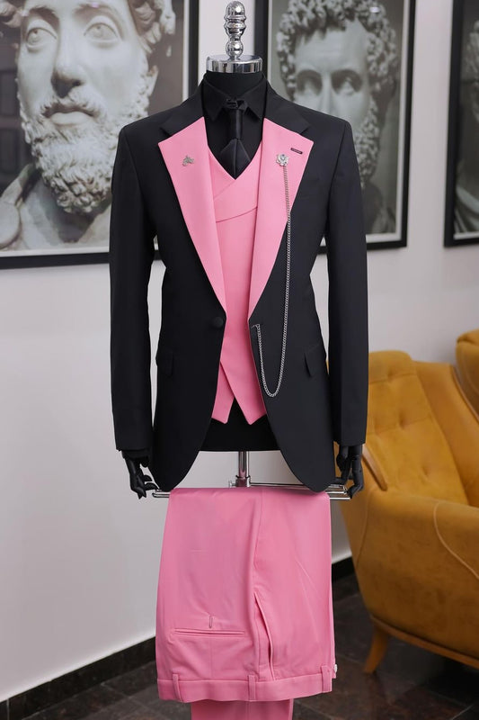 New Arrival 3 Piece Black and Pink Spliced Men's Prom Suit