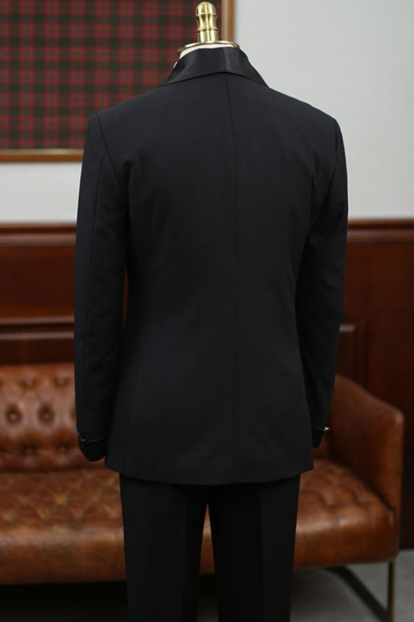 Classic Shawl Lapel 3 Piece Black Men's Wedding Suit with Satin