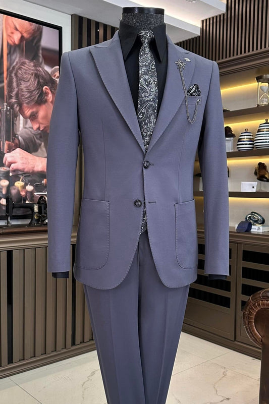 Dust Purple Two Buttons Patch Pockets Men's Formal Business Suit
