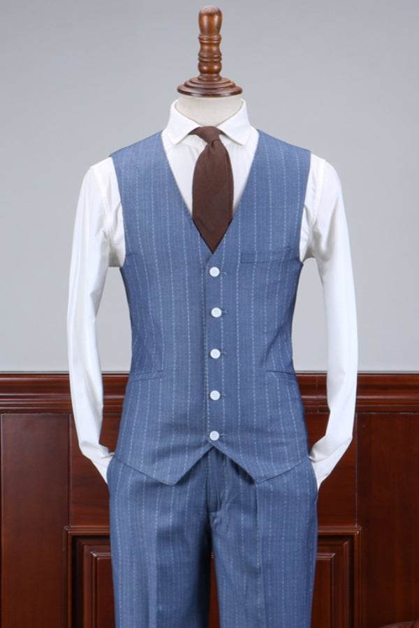 Stylish Blue Striped 3 Pieces Men Suit for Business