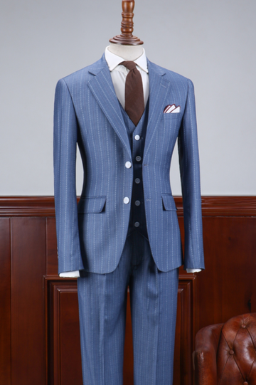 Stylish Blue Striped 3 Pieces Men Suit for Business