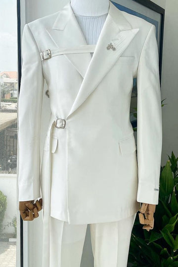 New Arrival White Men's Suit with Adjustable Buckle Belt