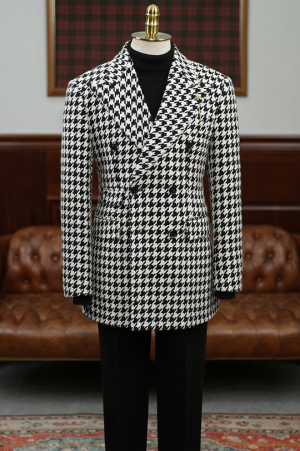 Slim Fit Woven Houndstooth Peaked Lapel Double Breasted Men's Blazer (No Pants)