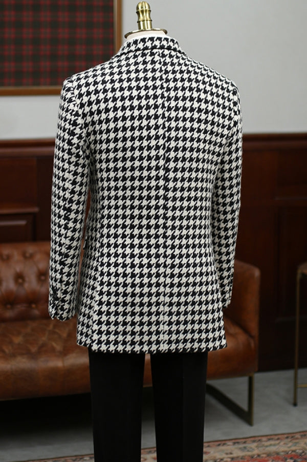 Slim Fit Woven Houndstooth Peaked Lapel Double Breasted Men's Blazer (No Pants)