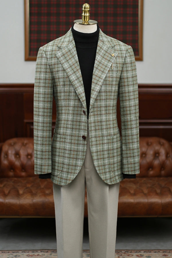 Fashion British Style One Button Green Plaid Men's Casual Blazer (No Pants)