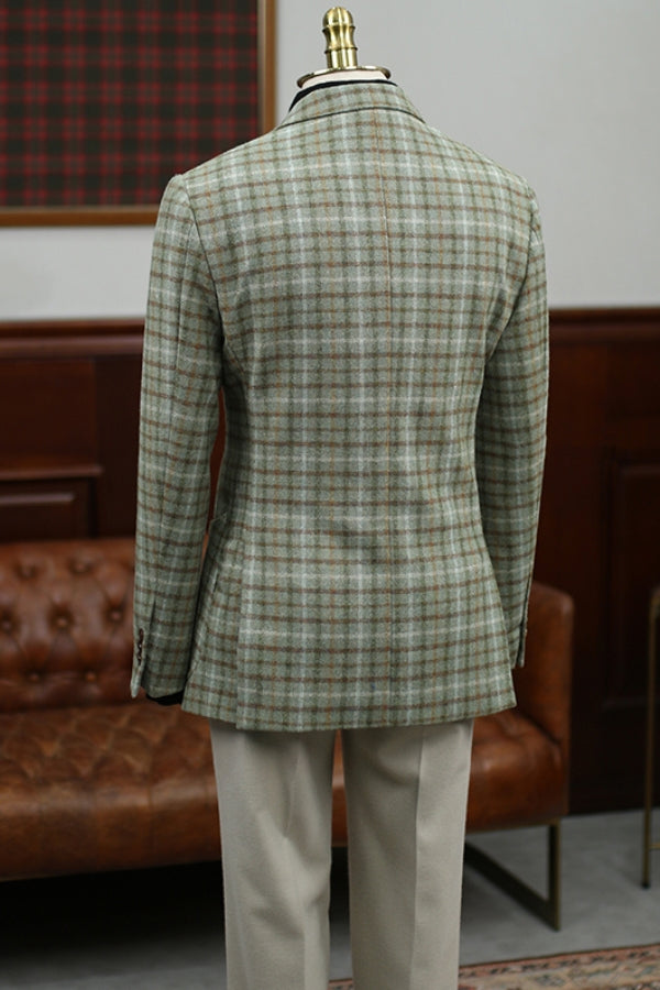 Fashion British Style One Button Green Plaid Men's Casual Blazer (No Pants)