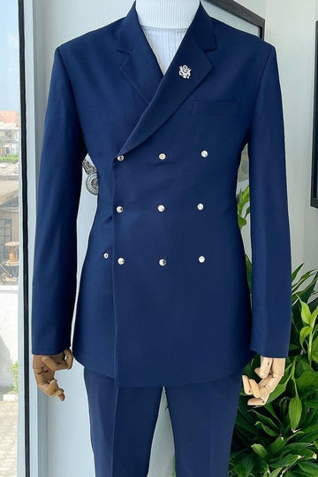 Unique Navy Blue Triple Snaps 2 Piece Men's Business Suit