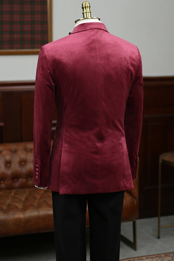 Trendy Burgundy Velvet Double Breasted Men's Banquet Wedding Blazer (No Pants）