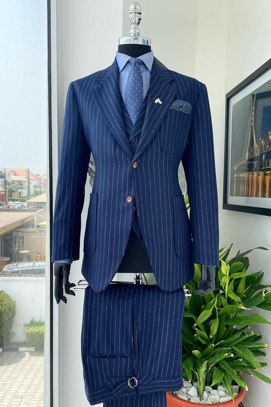 Patch Pockets Navy Blue Pinstripe 3 Piece Men's Formal Business Suit