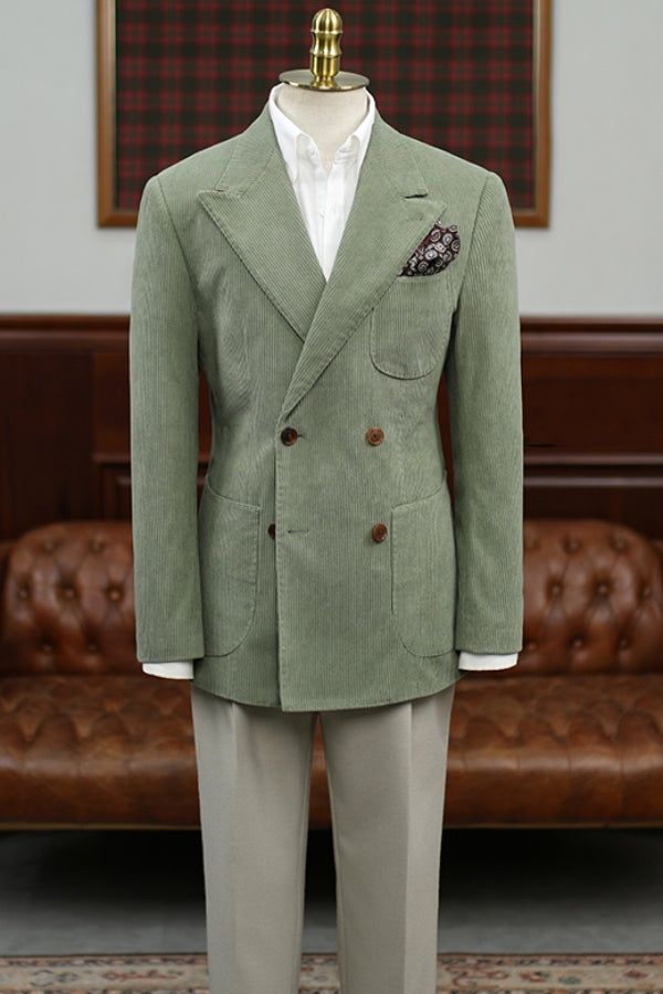 New Arrival Avocado Green Corduroy Double Breasted Men's Blazer (No Pants)