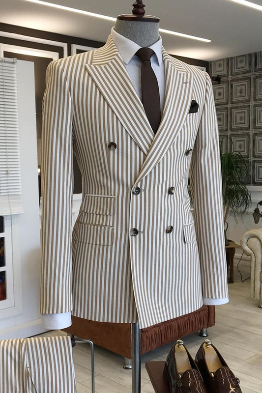 Prevalent Double Breasted Khaki Stripes Business Suit with 3 Flap Pockets