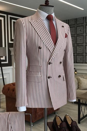 Dust Red Peaked Lapel Double Breasted Stylish Men's Business Suit
