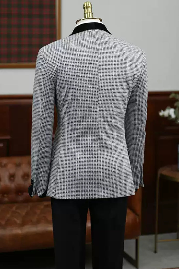 Black-and-white Small Plaid One Button Velvet Lapel Men's Formal Suit