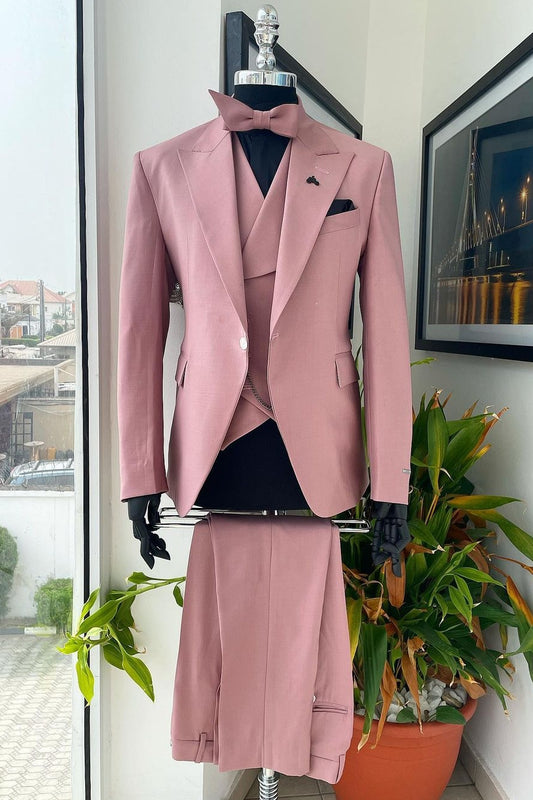 Structured One Button 3 Piece Pink Men's Fashion Suit with Waistcoat
