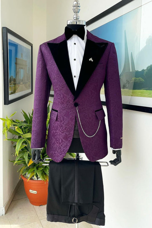 Custom Made Black Velvet Peaked Lapel Purple Jacquard Prom Wedding Suit