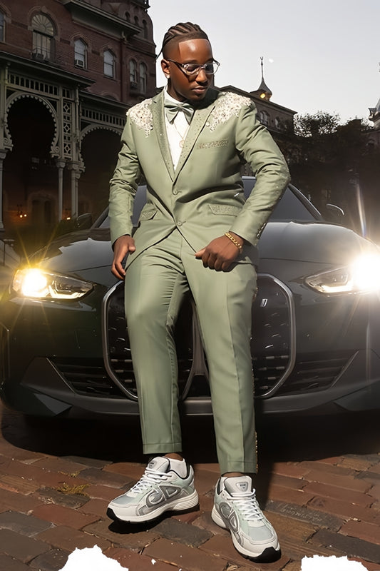 Elaborate Appliques Hot-fix Rhinestone Green Prom Suit with Sparkling Gold Seam