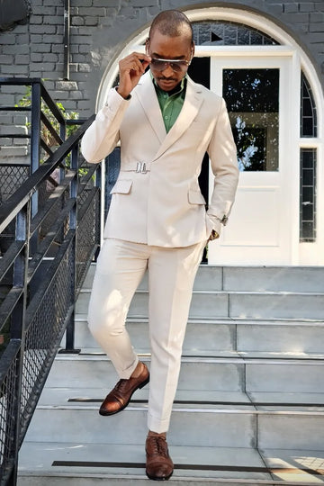 Off White Two Pieces Notch Lapel Prom Suits with Buckle
