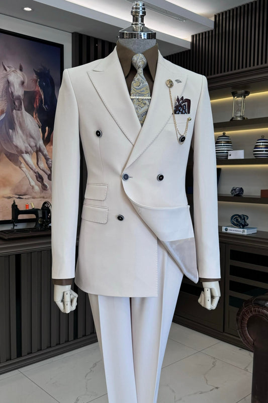 Classic Double Breasted 3 Flap Pockets Off White Men's Business Suit