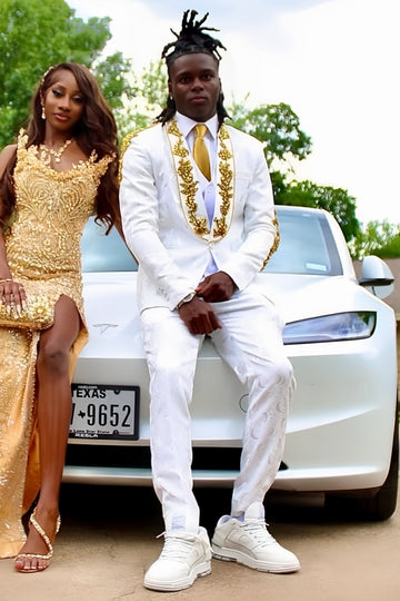 Exquisite White Jacquard Gold Appliques Prom Suit