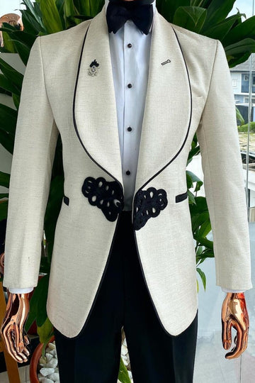 Knitted Button Black Edge Banding Wedding Matte Ivory Suit for Groom