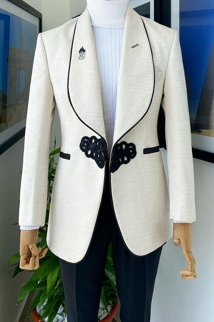 Knitted Button Black Edge Banding Wedding Matte Ivory Suit for Groom
