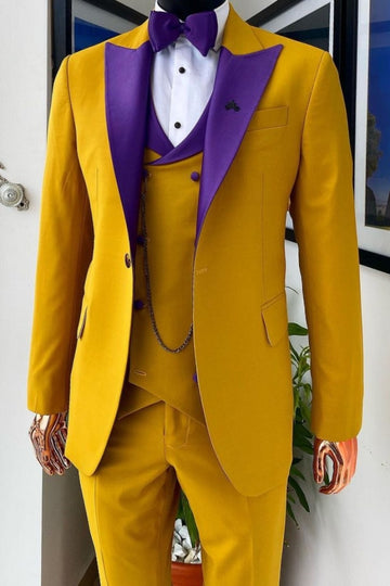 Special Gold 3 Piece Prom Suit with Purple Satin Lapel