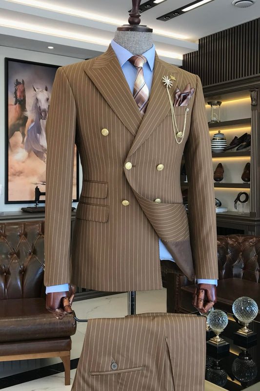 Stylish Coffee Pinstripe Double Breasted Business Suit with Flap Pockets