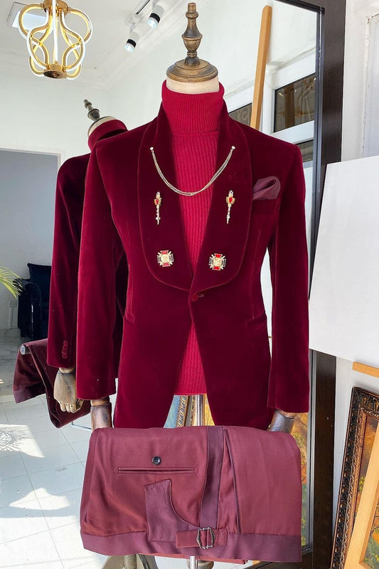 Textured Wine Red Velvet One Button Shawl Lapel Men's Suit