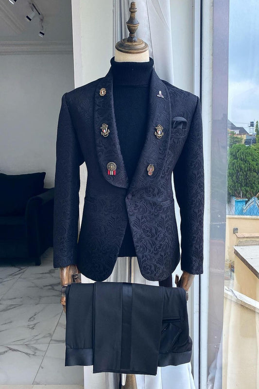 Elegant One Button Dark Navy Blue Jacquard Men's Fashion Suit