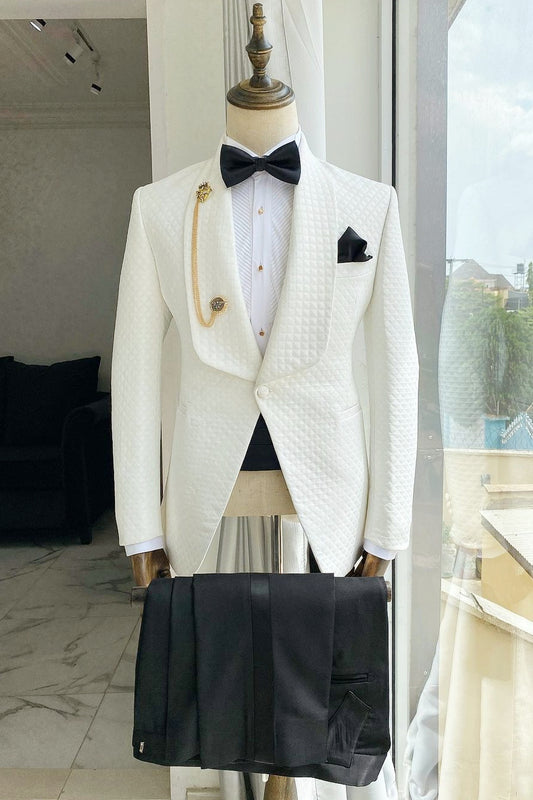 Crisp White Plaid Men's Wedding Suit with Black Satin-Trimmed Pants