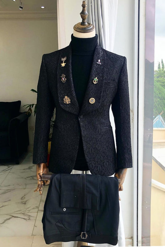 Popular One Button Black Jacquard Men's Fashion Suit for Prom