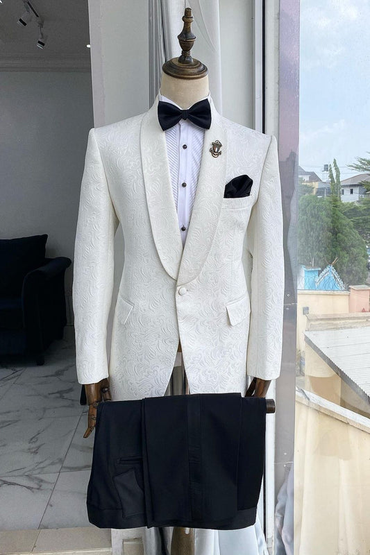 Fashionable White Jacquard Men's Wedding Suit for Groom with Black Pants
