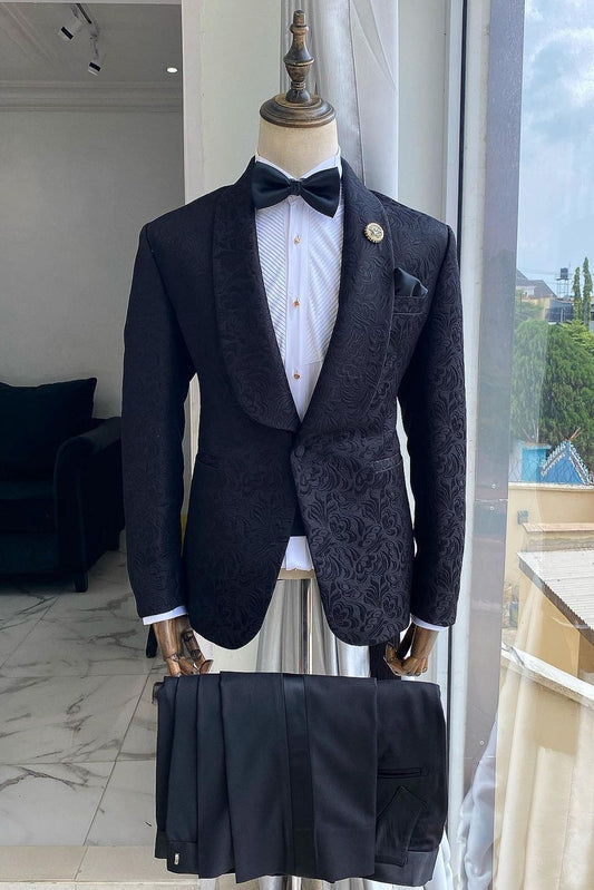 Classic One Button Shawl Lapel Black Jacquard Men's Wedding Suit for Groom