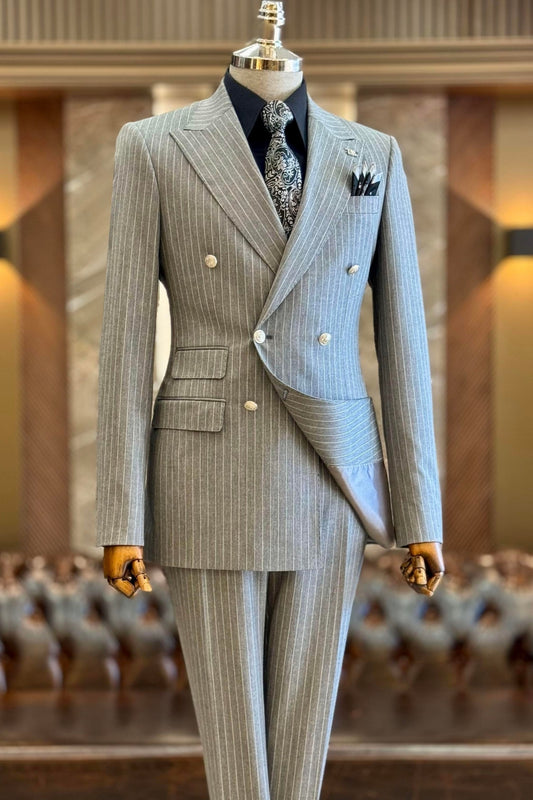 Understated Light Gray Double Breasted Peaked Lapel Pinstripe Formal Business Suit