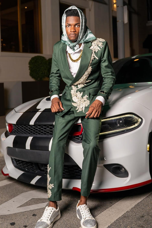 Dark Green 2 Piece Buckle Belt Beadings Applique Prom Suit