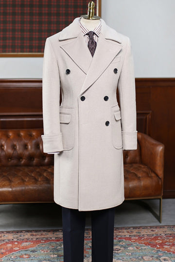 Retro Italian Khaki Wool Double-Breasted Mid-Length Coat