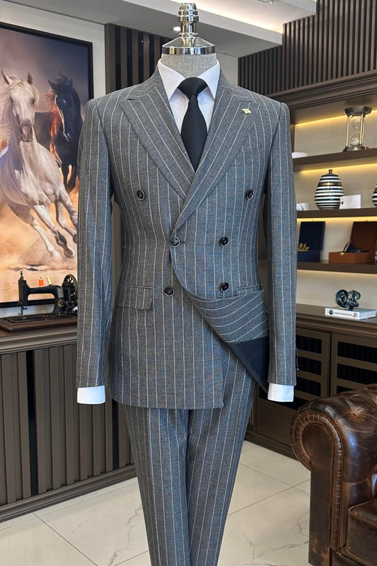 Stylish Dark Gray Double Breasted Pinstripe Men's Business Suit