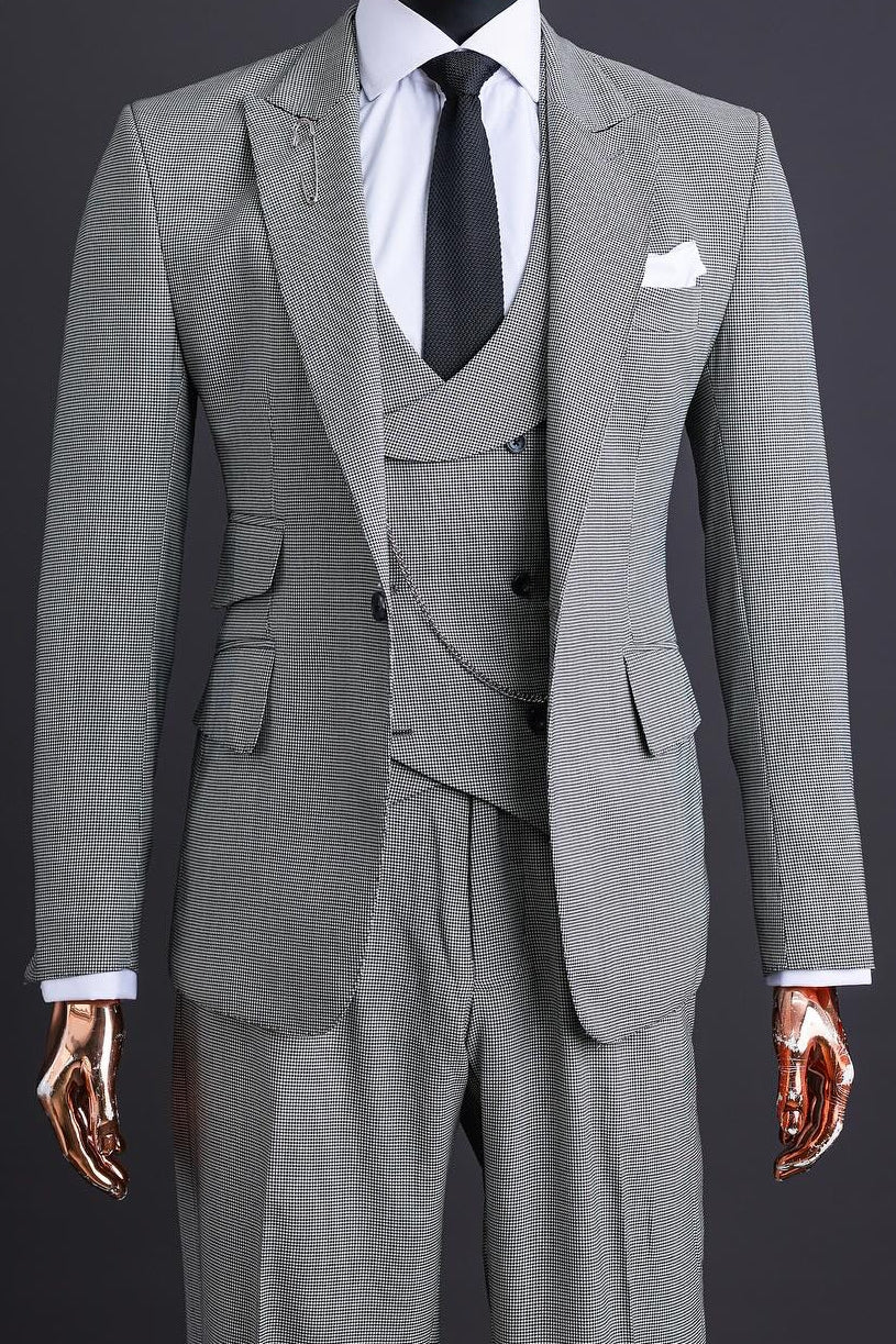 Gentlemen 3 Piece Gray Houndstooth Men's Formal Business Suit