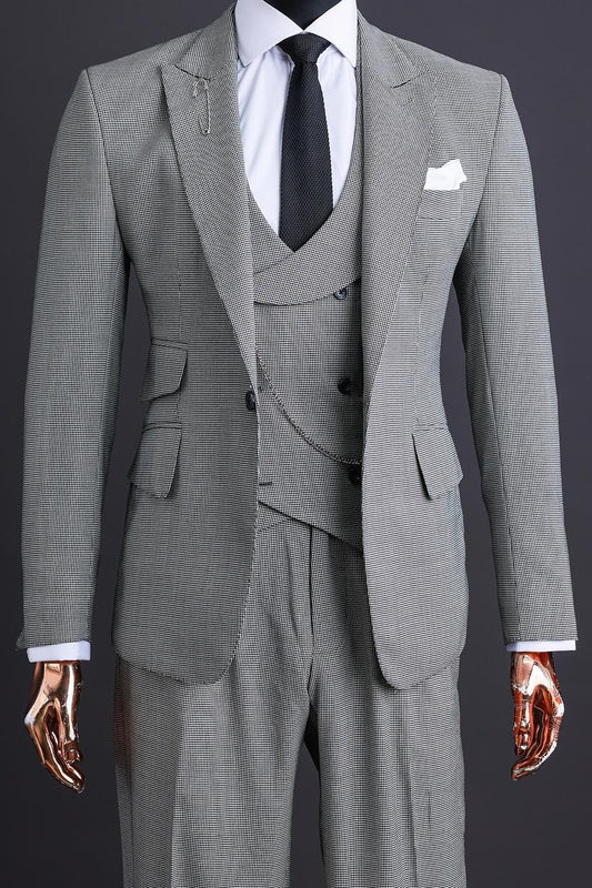 Gentlemen 3 Piece Gray Houndstooth Men's Formal Business Suit