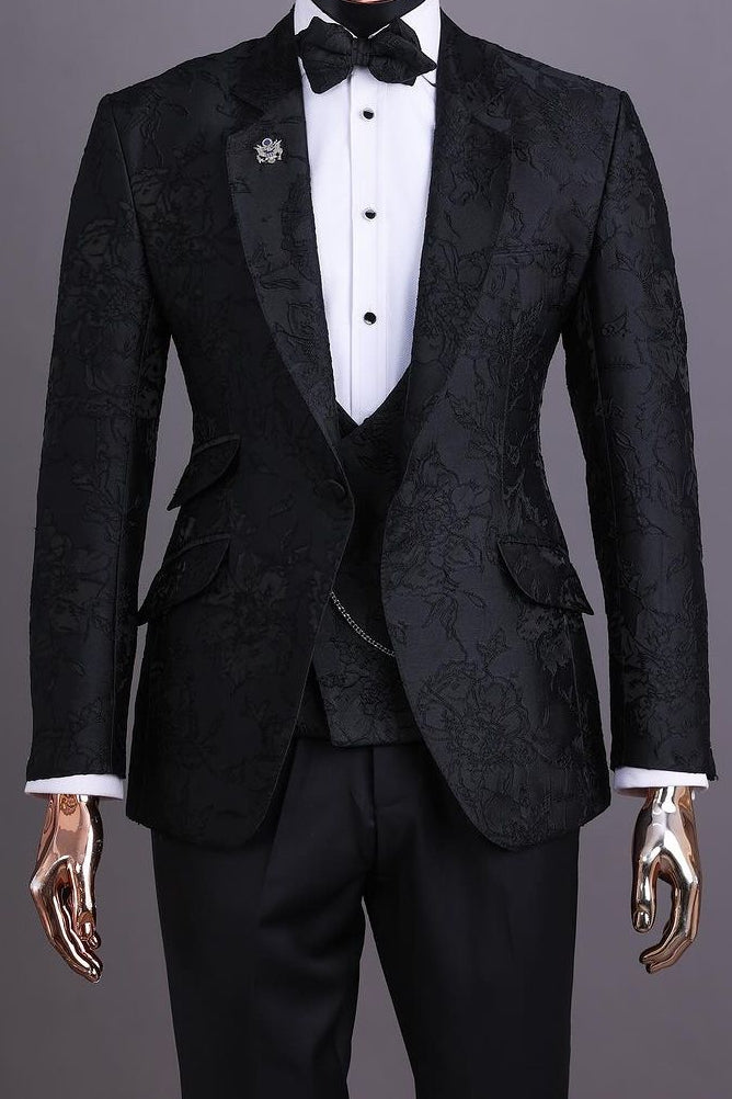 Exquisite 3 Piece Black Jacquard Wedding Suit for Groom