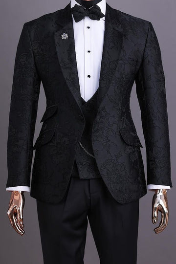Exquisite 3 Piece Black Jacquard Wedding Suit for Groom