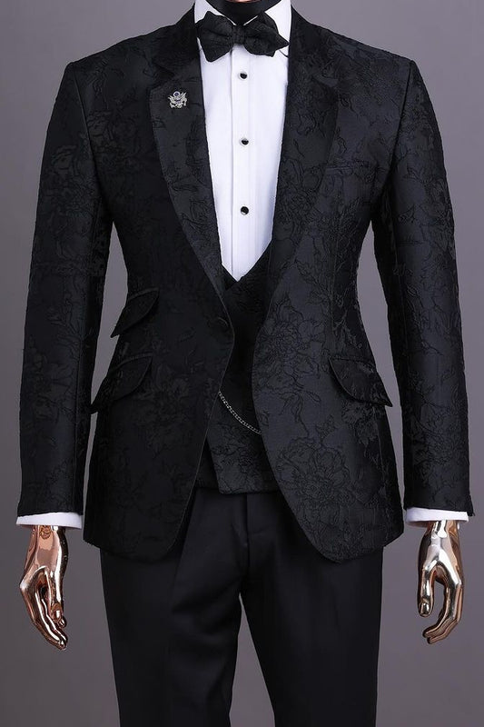 Exquisite 3 Piece Black Jacquard Wedding Suit for Groom