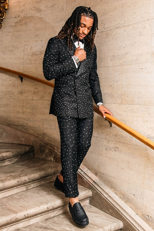 Unique Double Breasted Black Full Hot-fix Rhinestone Prom Suit