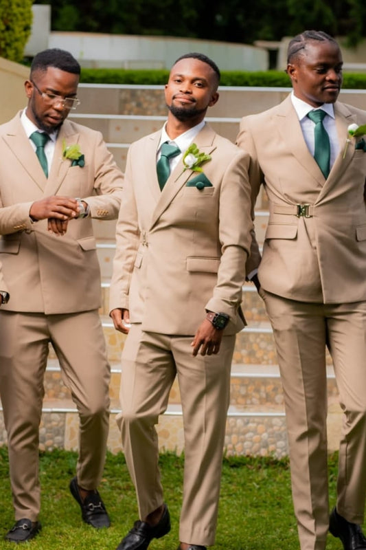 Khaki Chic Two Pieces Groomsmen Suits with Gold Buckle