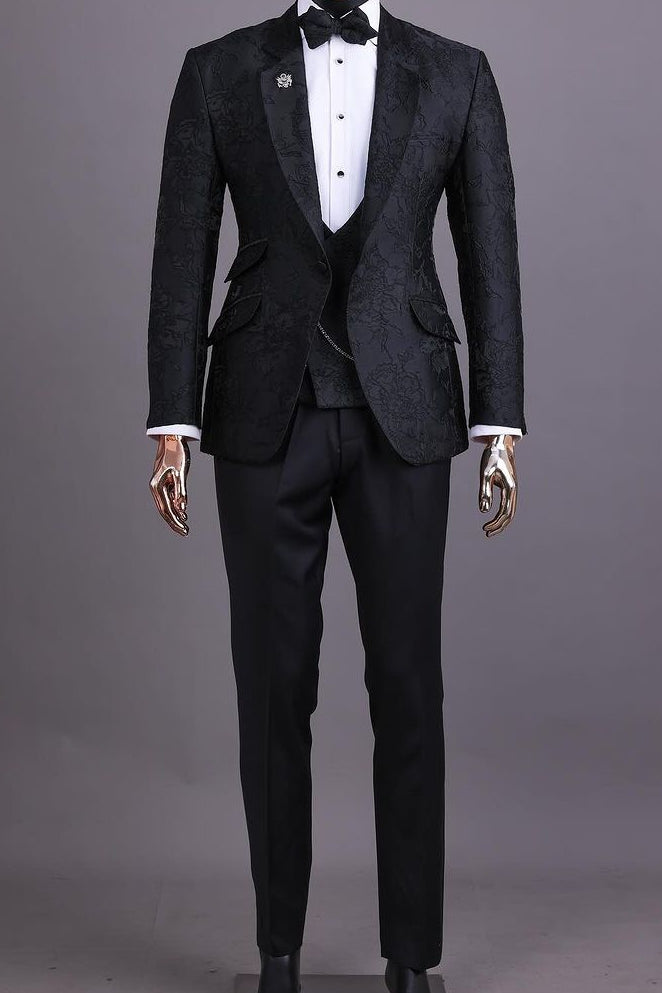 Exquisite 3 Piece Black Jacquard Wedding Suit for Groom
