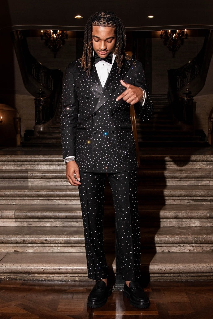 Unique Double Breasted Black Full Hot-fix Rhinestone Prom Suit