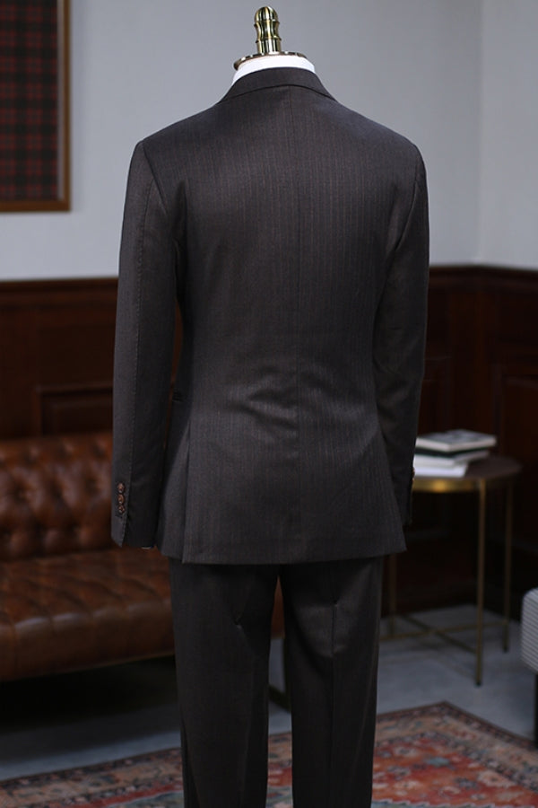 Coffee Pinstripe Notched Lapel Modern Business Suit